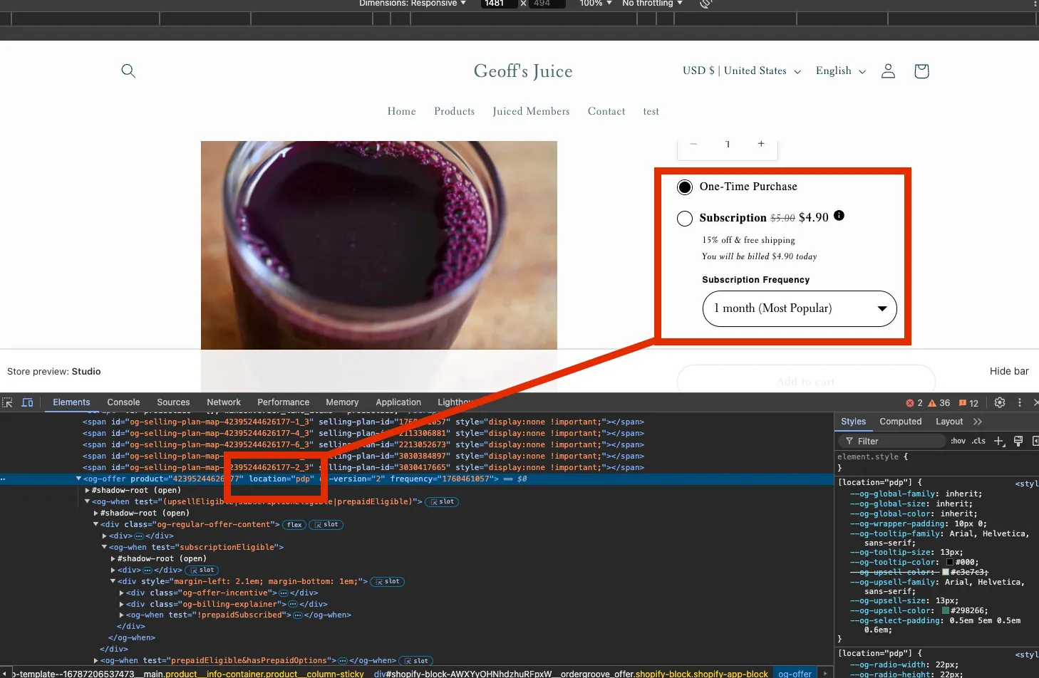 Browser DevTools on a Shopify storefront juice product page. The offer is outlined in red, with a red line to the og-offer element in the Elements panel, where its location attribute, pdp, is outlined.