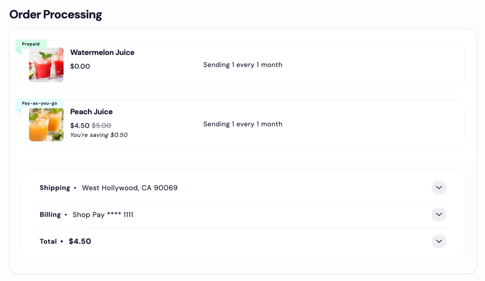 The Subscription Manager's Order Processing section, which order-processing.liquid renders: an order with two items, Watermelon Juice with a Prepaid badge ($0.00) and Peach Juice with a Pay-as-you-go badge ($4.50), each showing 'Sending 1 every 1 month'. Collapsed Shipping, Billing and Total ($4.50) rows sit below.