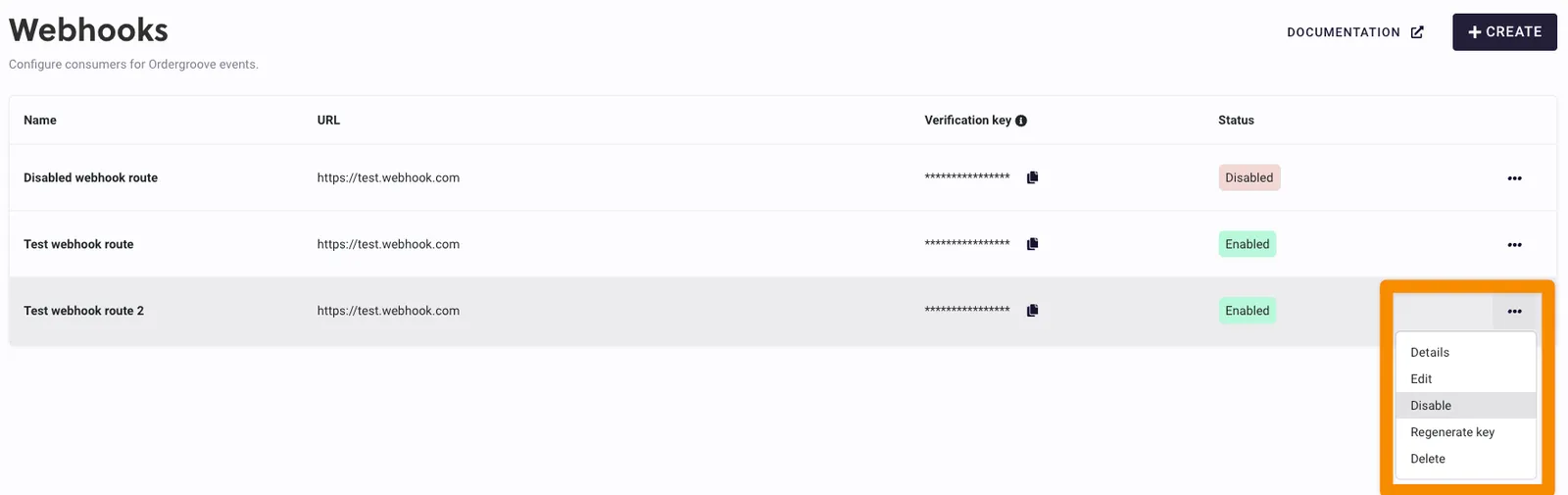 The Webhooks page in RC3 with three webhooks listed. The three-dot menu on the last row, Test webhook route 2, is open and outlined in orange, showing Details, Edit, Disable, Regenerate key, and Delete, with Disable highlighted.