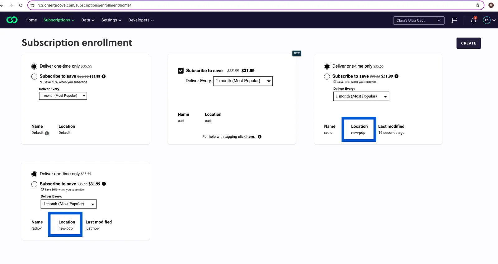 The Subscription enrollment page in RC3, showing four offer template cards in order: Default, cart, radio and radio-1. Each card lists its Name and Location, and the Location of radio and radio-1, both new-pdp, is outlined in blue.