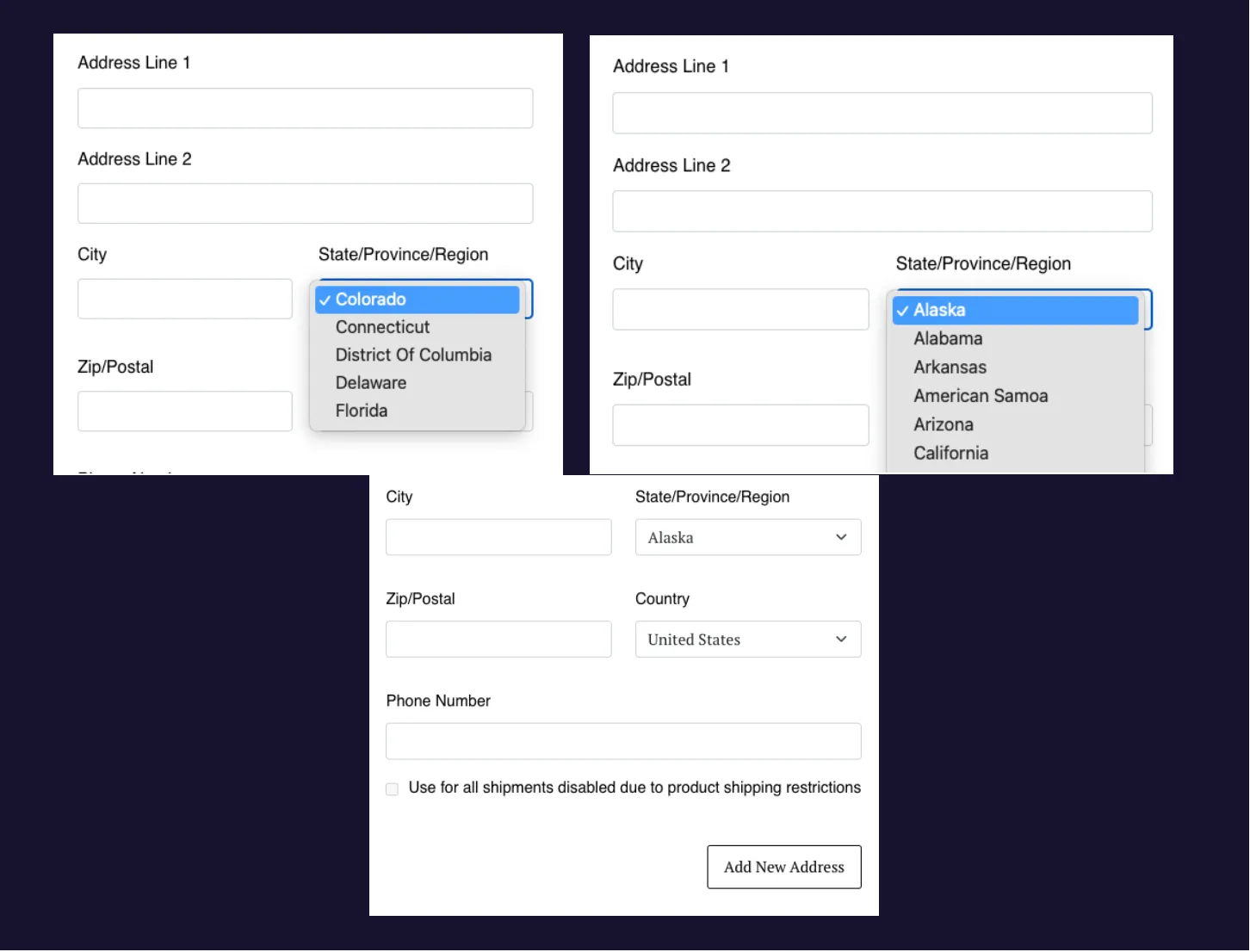Three views of the Subscription Manager's address form, focused on the State/Province/Region field. One dropdown lists only five states: Colorado, Connecticut, District Of Columbia, Delaware and Florida. Another shows a longer list, beginning Alaska, Alabama and Arkansas. The third shows the form's lower half, with Country set to United States, a grayed-out checkbox labeled Use for all shipments disabled due to product shipping restrictions, and an Add New Address button.