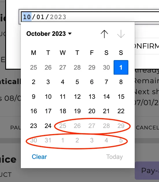 The Subscription Manager's change date calendar, open on October 2023 with October 1 selected. The dates from October 25 onward, including the first days of November, are grayed out and circled in red, so October 24 is the last selectable date.