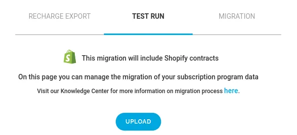 The Migrations page in RC3 with the Test Run tab selected, between the Recharge Export and Migration tabs. The Shopify logo appears next to the message 'This migration will include Shopify contracts', above a Knowledge Center link and an Upload button.