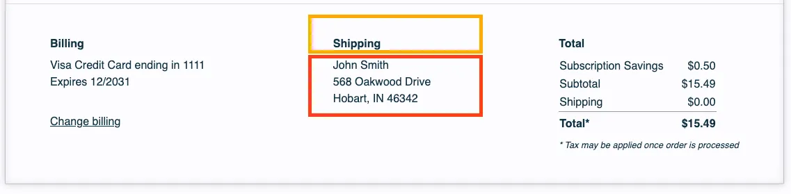 The og-shipping panel of an order in the legacy (v0) Subscription Manager, split into two outlined parts. An orange outline marks the footer-header, the Shipping heading. A red outline marks the shipping-address-container: a sample name, street address, and city, state and ZIP code.