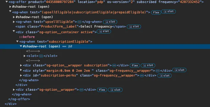 Browser DevTools Elements panel with the og-offer element expanded to show nested og-when elements and #shadow-root (open) nodes, one of them selected, alongside slots and divs such as og-option__wrapper and og-frequency__wrapper.