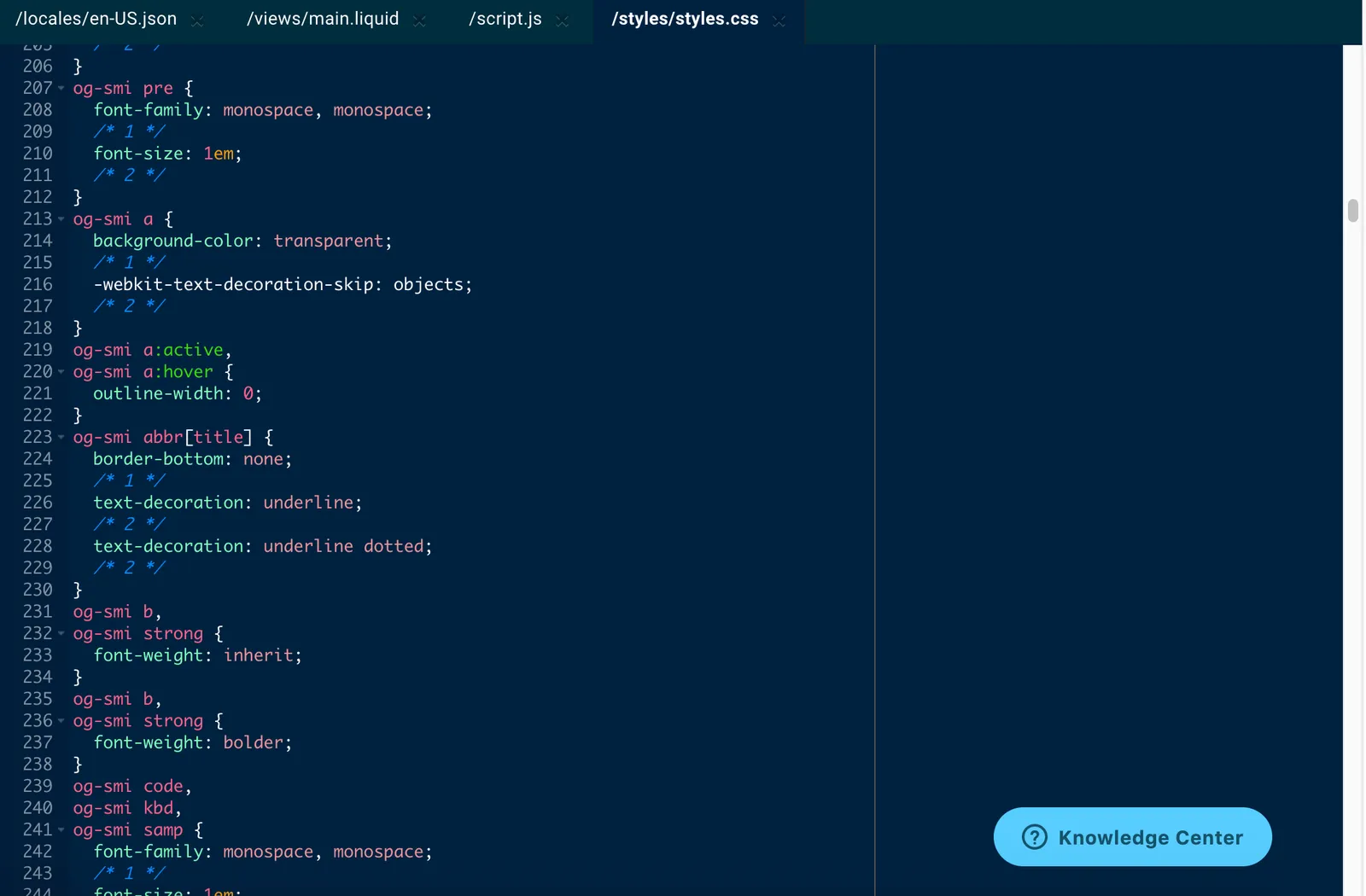 CSS syntax highlighting in the advanced editor, with styles.css open: selectors such as og-smi pre in pink, property names such as font-family in green, values such as monospace in pink, and numbered comments in blue italics.