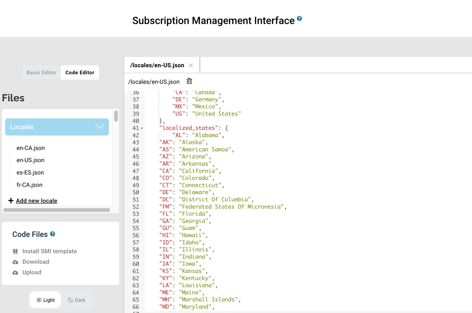The Subscription Manager's Code Editor, with the Locales folder open and /locales/en-US.json showing the localized_states object from line 41, which lists state codes and names such as AL Alabama, AK Alaska and AS American Samoa.