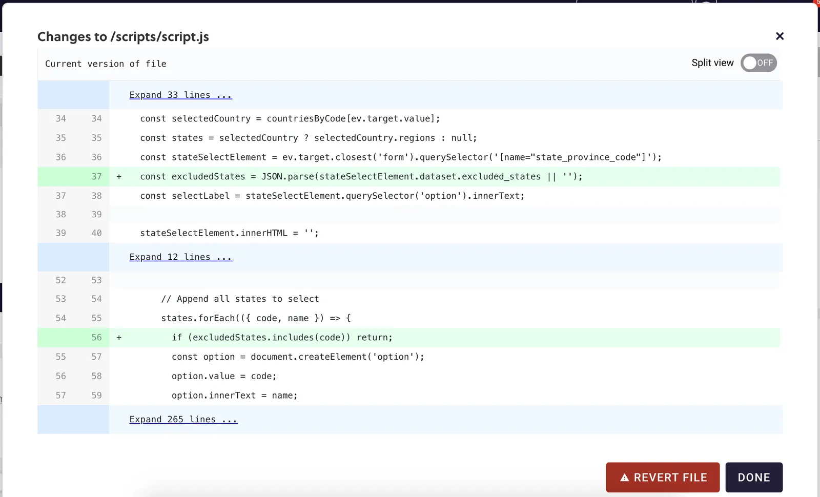 The Subscription Manager code editor's changes dialog for /scripts/script.js, with two additions in green: line 37 declares excludedStates by parsing the select element's data-excluded_states attribute, and line 56, inside the states.forEach loop, returns early when excludedStates includes the code.