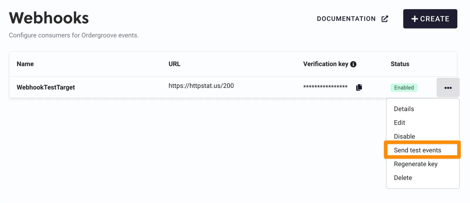 The Webhooks page in RC3 with one webhook, WebhookTestTarget, listed as Enabled. Its three-dot menu is open, showing Details, Edit, Disable, Send test events, Regenerate key, and Delete, with Send test events outlined in orange.