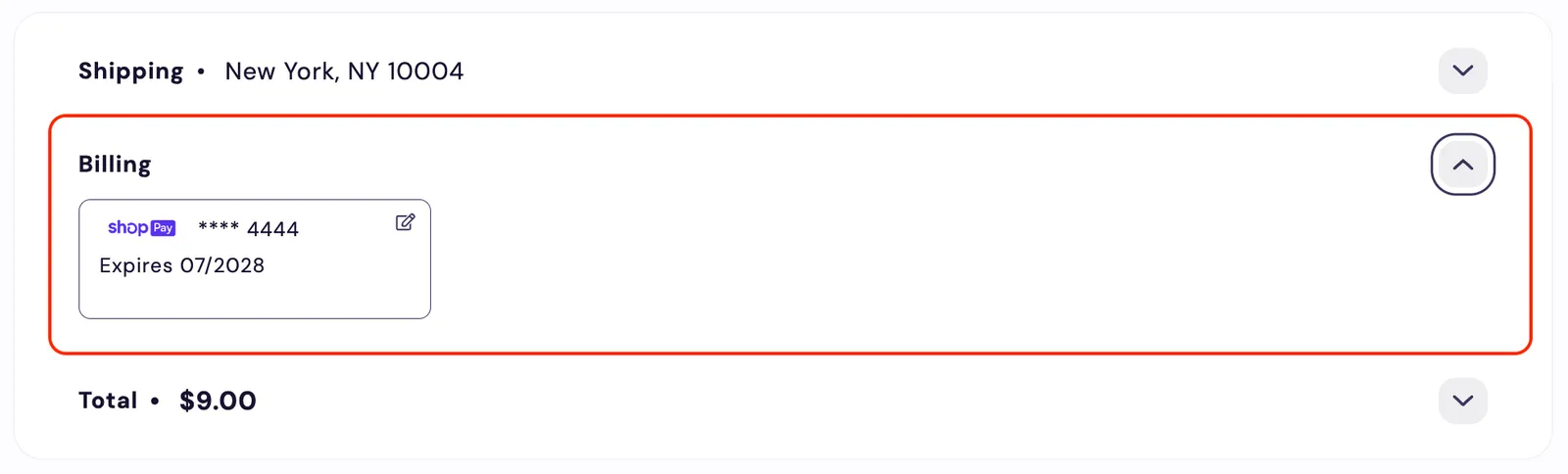 The Subscription Manager's Billing section, which order-summary/change-billing-shopify.liquid renders, expanded and outlined in red. It shows a Shop Pay card with a masked card number, an expiry date and an edit icon. The Shipping and Total rows are collapsed above and below it.