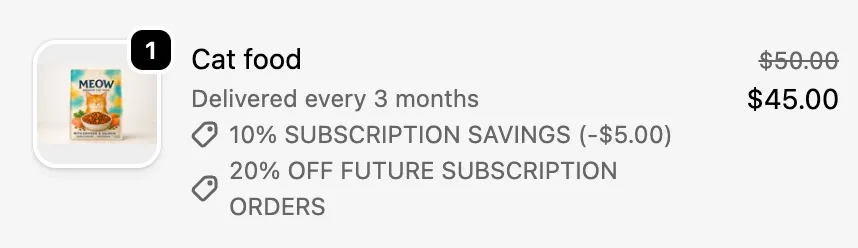 A checkout line item for cat food delivered every 3 months, tagged 10% Subscription Savings (-$5.00) and 20% off future subscription orders