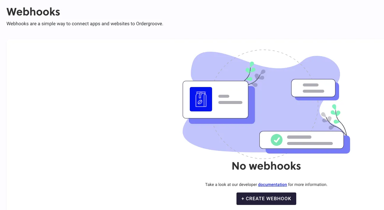 The Webhooks page in RC3 before any webhook exists, with an illustration, the message No webhooks, a link to the developer documentation, and a dark Create webhook button below them.