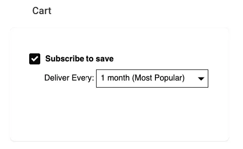 The new interactive Cart offer template in RC3's Enrollment page, previewing a checked Subscribe to save checkbox and a Deliver Every dropdown set to 1 month (Most Popular).