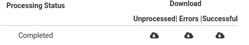 The migrations table in RC3 with a row whose Processing Status shows Completed, and a cloud-shaped download icon under each of the Unprocessed, Errors, and Successful columns.