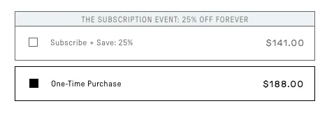 A customized storefront offer under the banner The Subscription Event: 25% off forever, with the one-time purchase option selected at $188.00 and the Subscribe + Save: 25% option unselected at $141.00. No frequency dropdown is visible.
