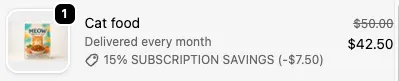A checkout line item for cat food delivered every month, tagged 15% Subscription Savings (-$7.50), with its price reduced from $50.00 to $42.50