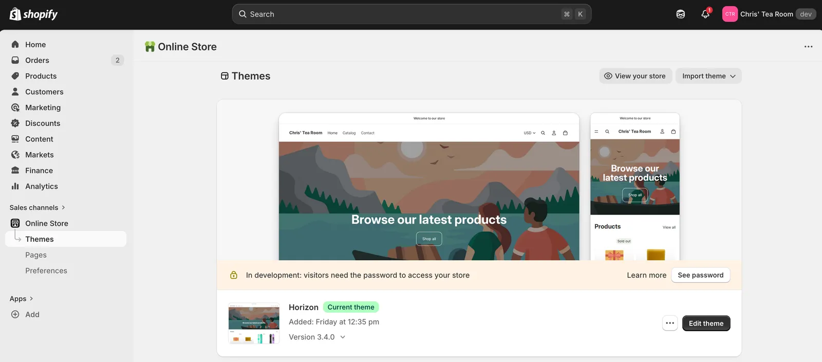 The Themes page under Online Store in Shopify admin, with desktop and mobile previews of the store above the Horizon theme, which is labeled Current theme and has an Edit theme button beside it.
