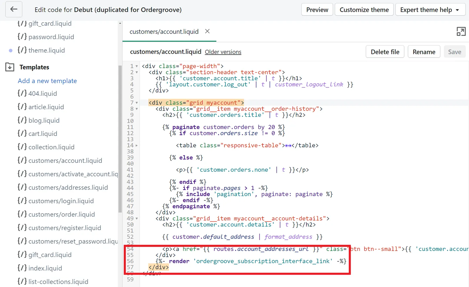 Shopify theme code editor with the Debut theme's customers/account.liquid open, and the render line for ordergroove_subscription_interface_link outlined in red, after the account details block and before the closing div tags.