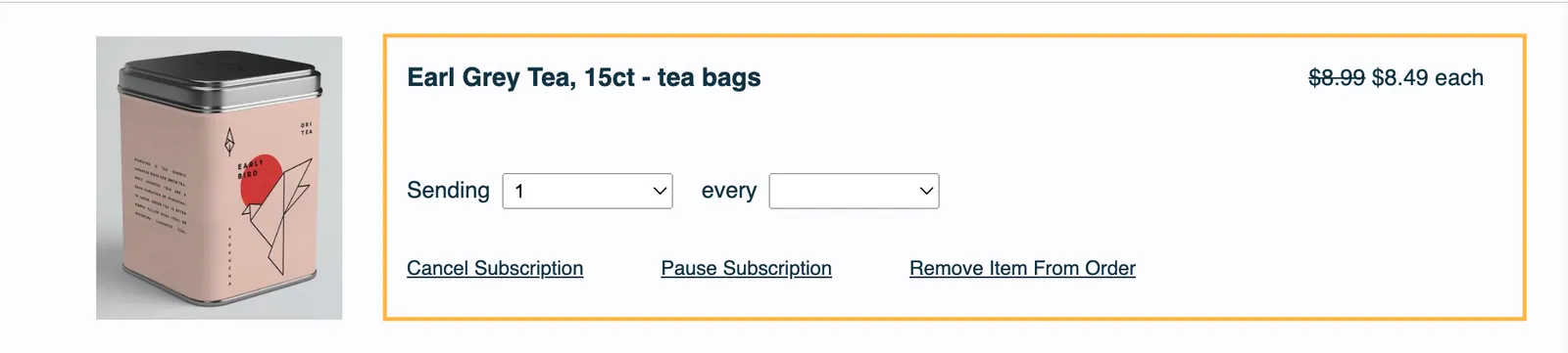 The product row of an unsent order, with the Product Name and Price Container outlined in orange. It covers everything to the right of the product photo: the name, the Sending and every dropdowns, the Cancel Subscription, Pause Subscription and Remove Item From Order links, and the price.