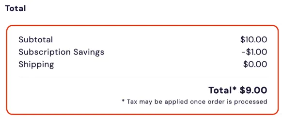 The Subscription Manager's price details, which order-summary/price-details.liquid renders, outlined in red under the Total heading: Subtotal $10.00, Subscription Savings minus $1.00, Shipping $0.00 and Total $9.00, with the footnote 'Tax may be applied once order is processed'.